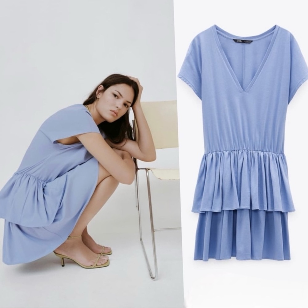 ZARA Tiered Ruffled V Neck Short Sleeve Cottagecore Mini Dress Pale Pastel Blue